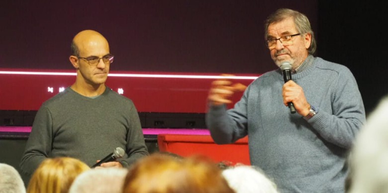 Albert Bagué i Pep Puigdomènech, els dos autors del documental, a la presentació feta a l’Ateneu d’Hostalets de Balenyà