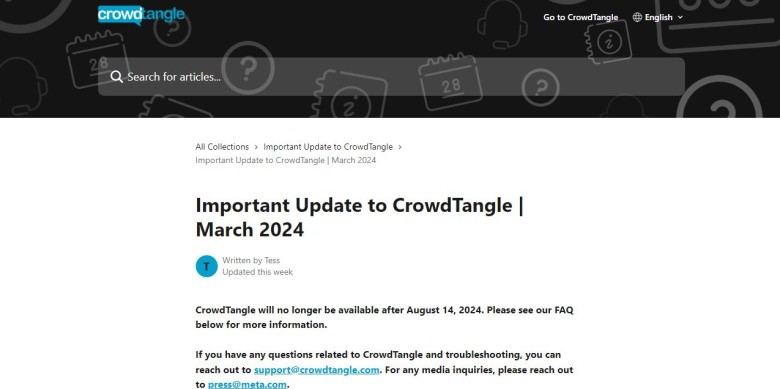 Una captura de l'anunci de Meta sobre CrowdTangle.