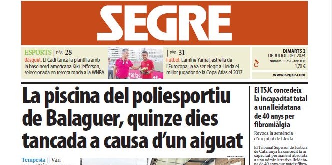 Una portada del diari 'Segre' de Lleida.