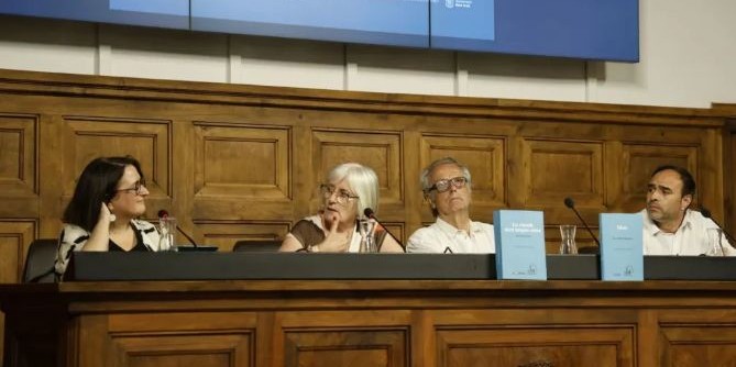 Anna Sàez, Ròsa Maria Salgueiro, Jusèp Loís Sans i Francesc Guillaumet, a l’IEI durant la presentació.